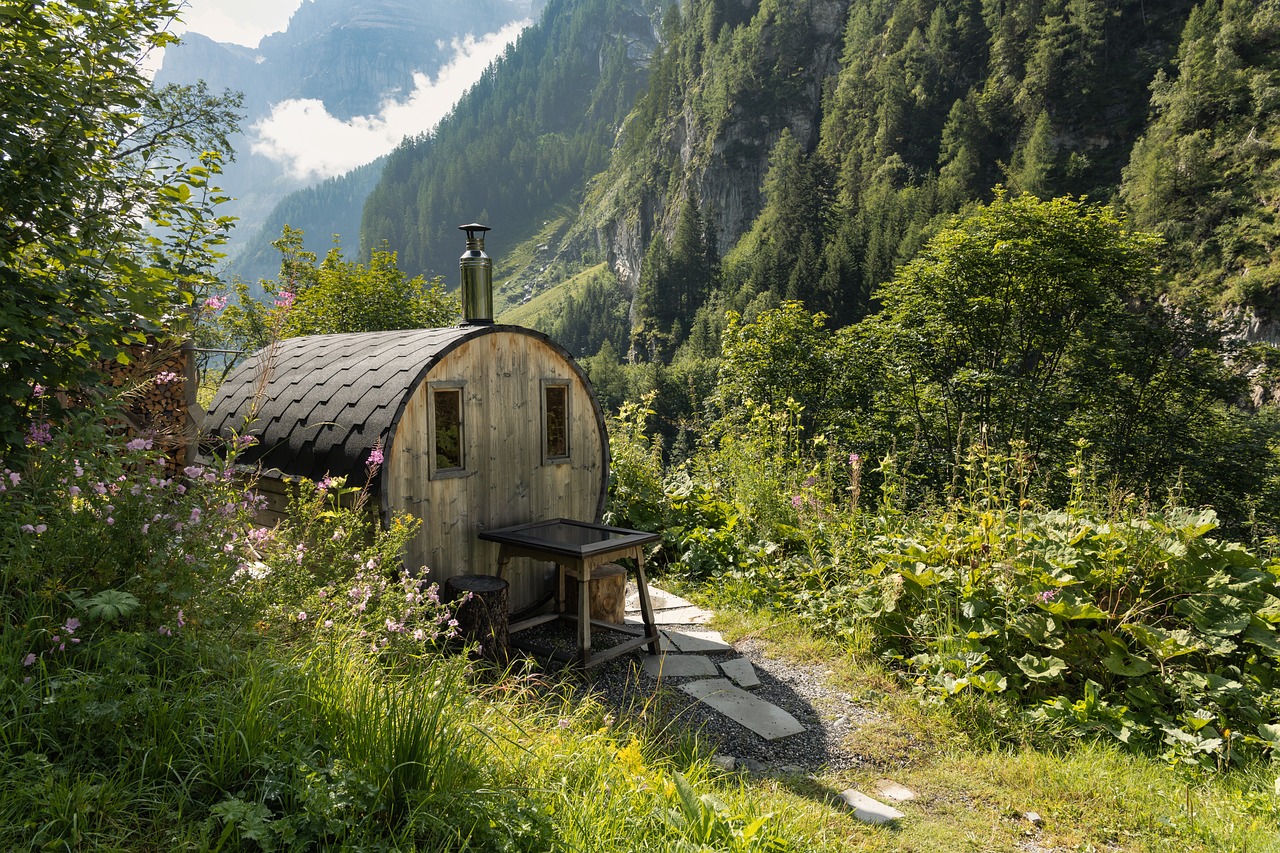 sauna, idyllic, wooden barrels, mountains, valley, nature, forest